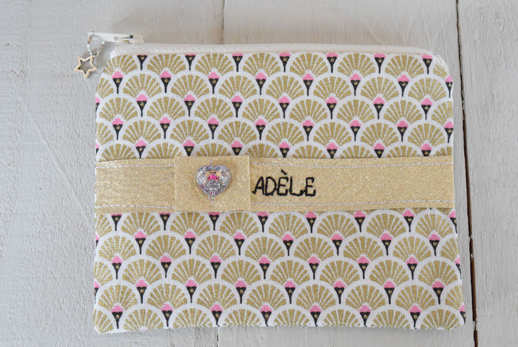 Porte monnaie enfant broderie prénom tissu éventail doré