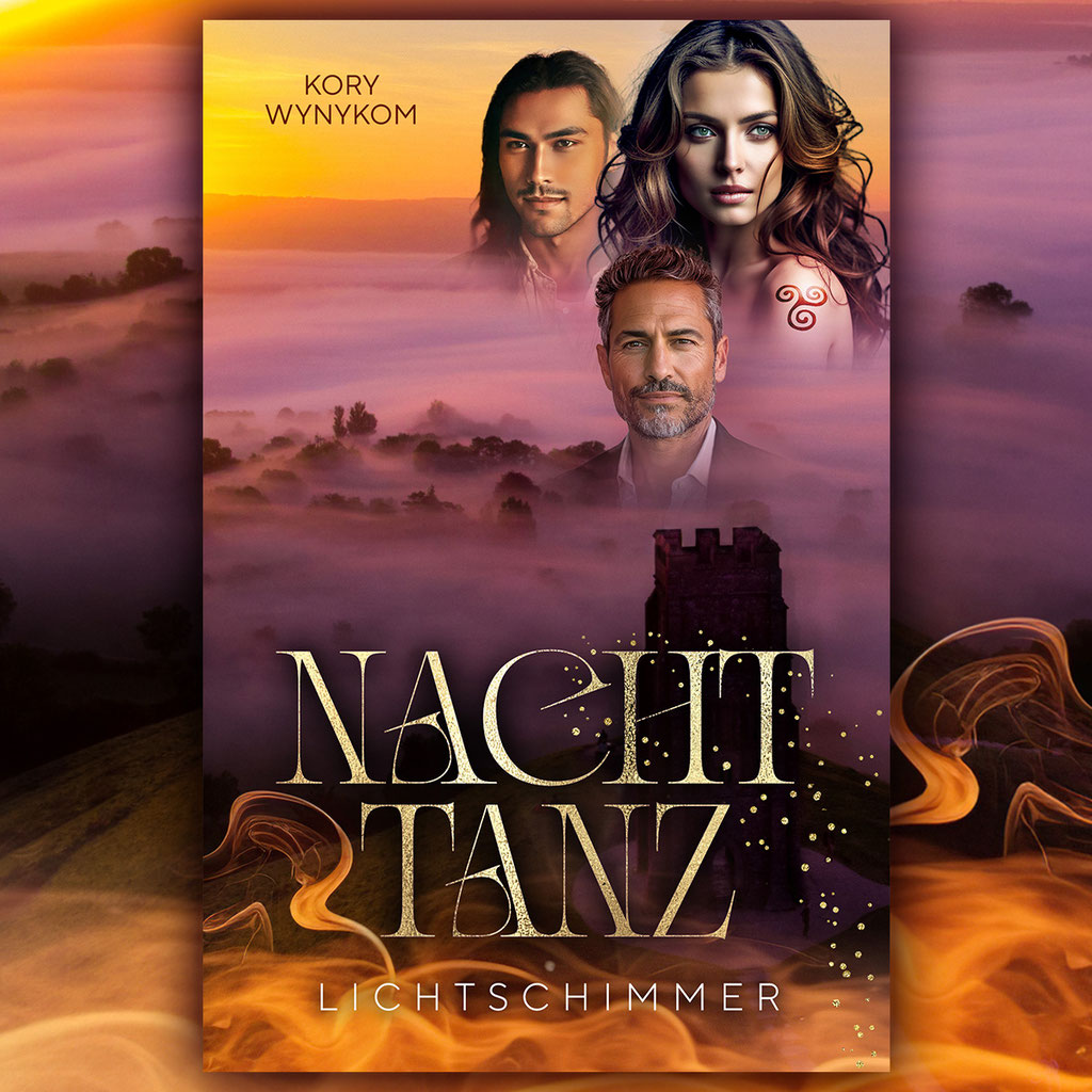 Nachttanz: Lichtschimmer - Die Protagonisten und Glastonbury Tor im Nebel. 