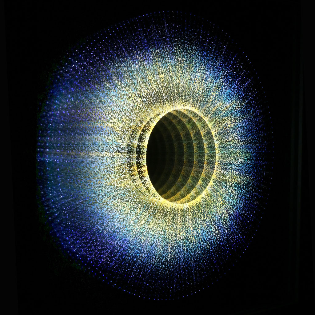 "The Code", 44x44x6,5cm, 2019, Glass, Mirrors, LEDs, white wood frame. Sold. Privat Collection Munich