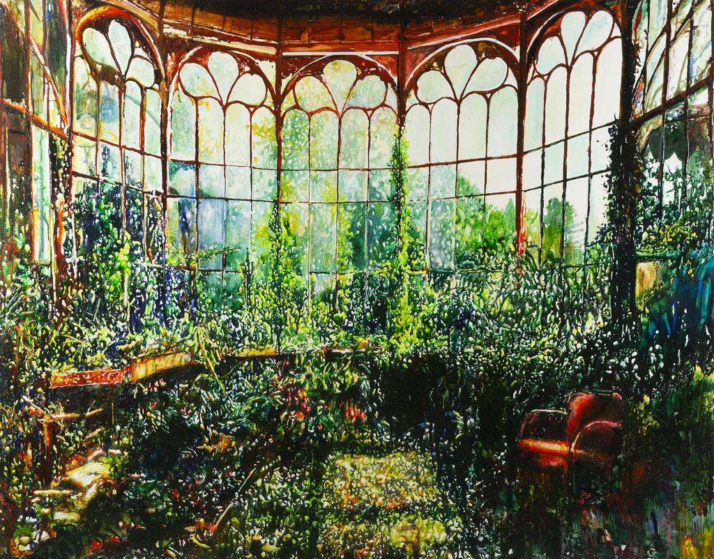 Orangerie, Glasmalfarben auf MDF Platte, 130 x 164 cm, 2019