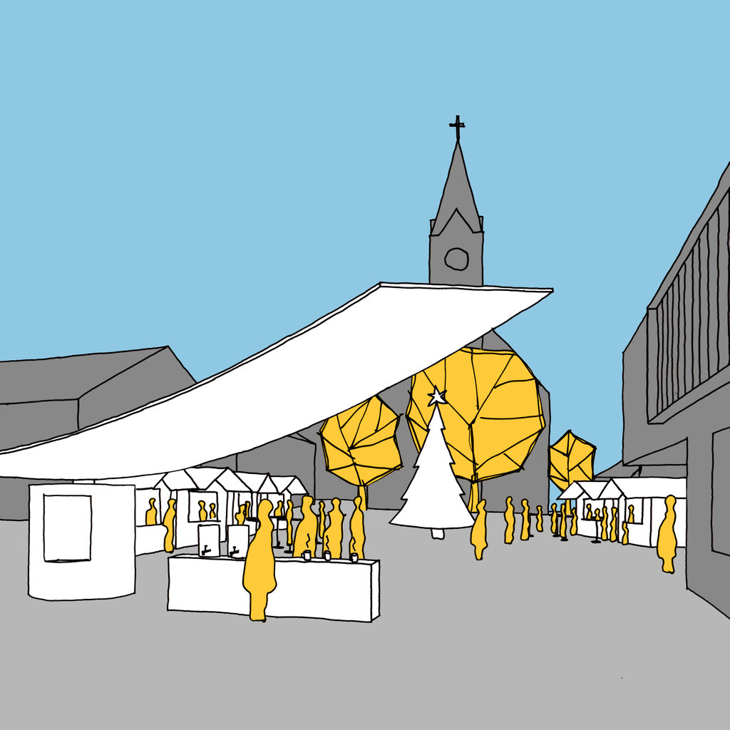 Architektur Wettbewerb für Gestaltung des Marktplatzes in Altenberg bei Linz. Parametric pavilion architecture design for community use in a small austrian town. 