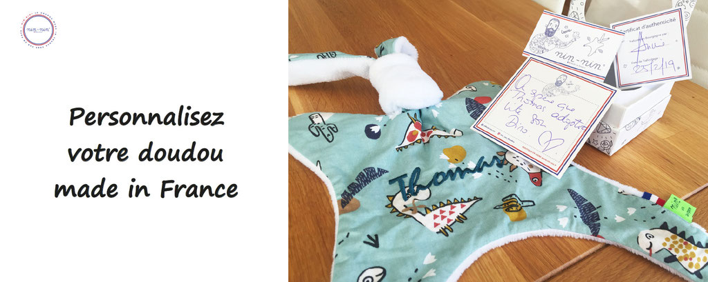 doudou à personnaliser, made in france, nin nin personnalisable, personnalisation d'une peluche doudou
