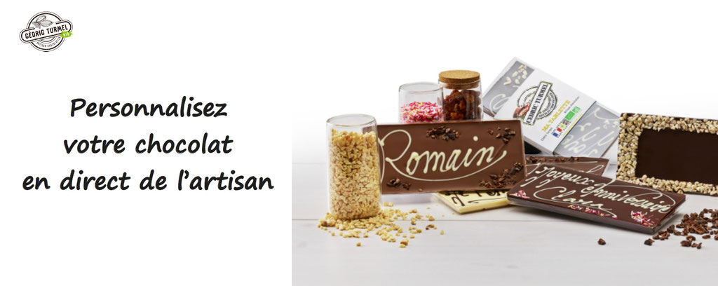 personnalisation de plaquettes de chocolat bio, en direct de l'artisan. Tablettes de chocolat à personnaliser Cédric Turmel