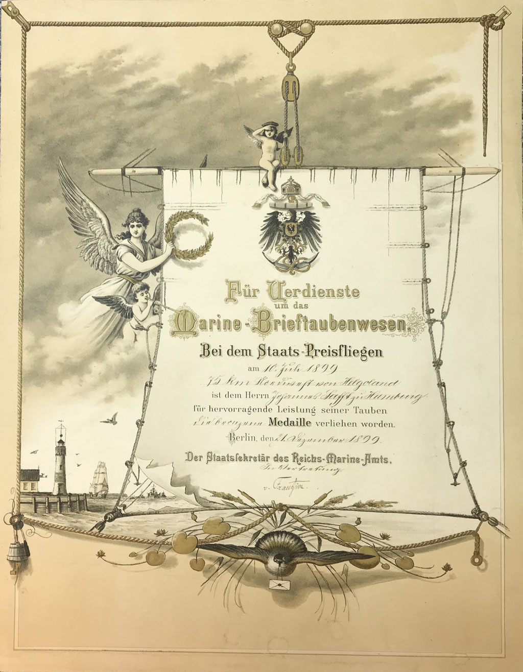 Urkunde des Reichs-Marine-Amts für Verdienste um das Marine-Brieftaubenwesen aus dem Jahr 1899