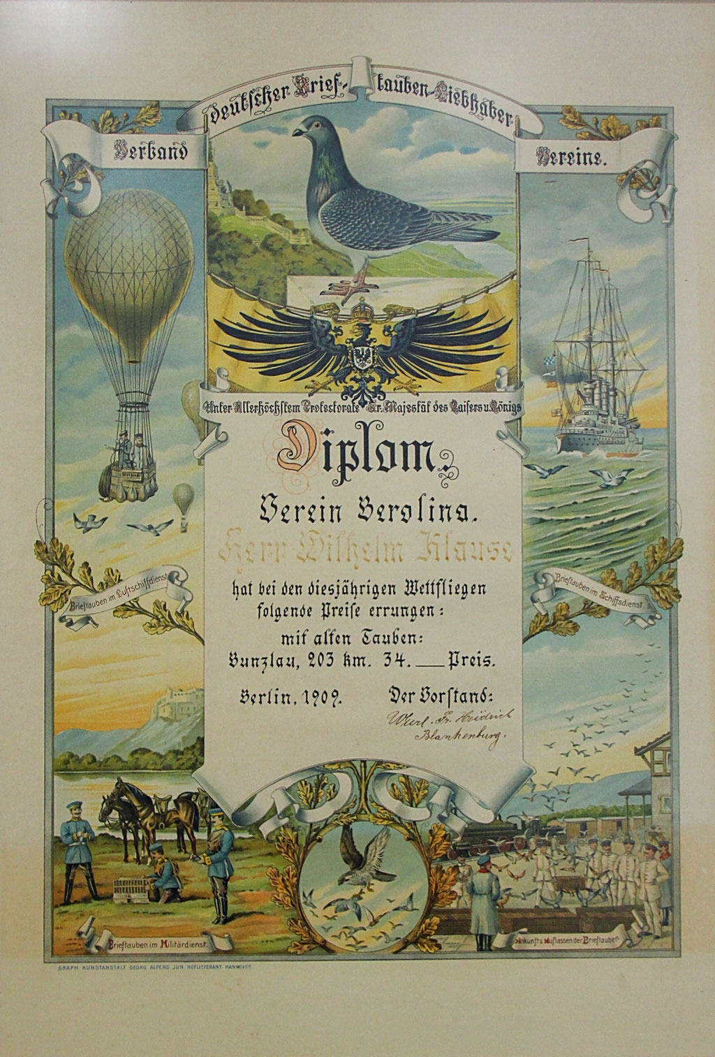 Diplom des Verbandes dt. Brieftauben-Liebhaber-Vereine aus dem Jahr 1909