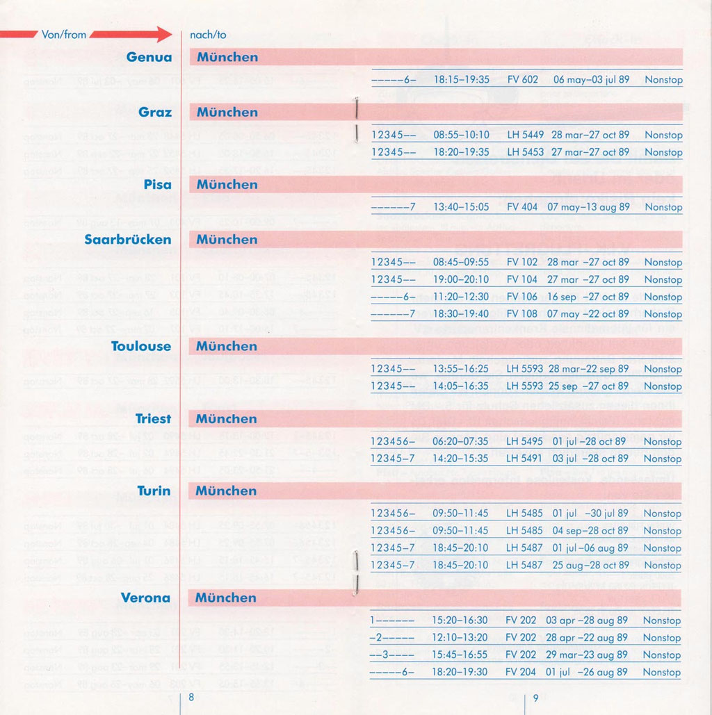 Südavia Timetable - 1989