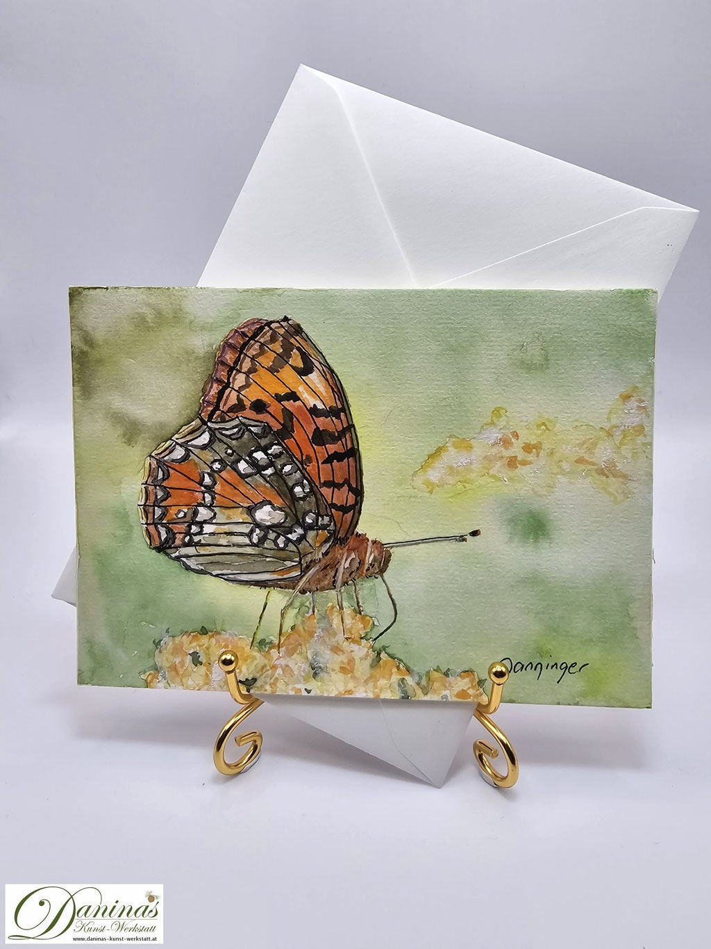 Geburtstagsgrußkarte gemalt Schmetterling Märzveilchenfalter
