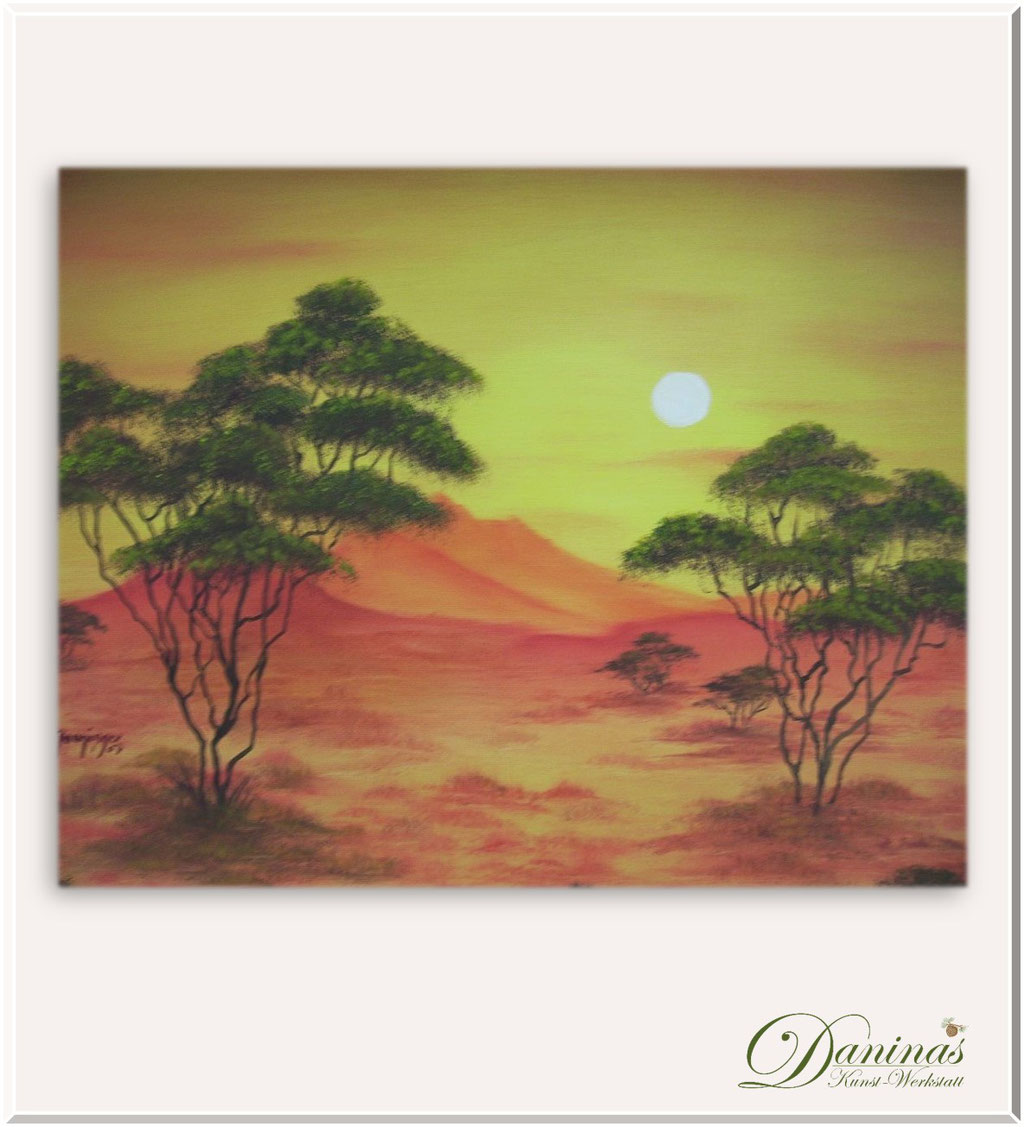 Sommerbilder gemalt: Sonnenuntergang in Afrika. Gemalte Landschaftsbilder. Ölgemälde handgemalt.