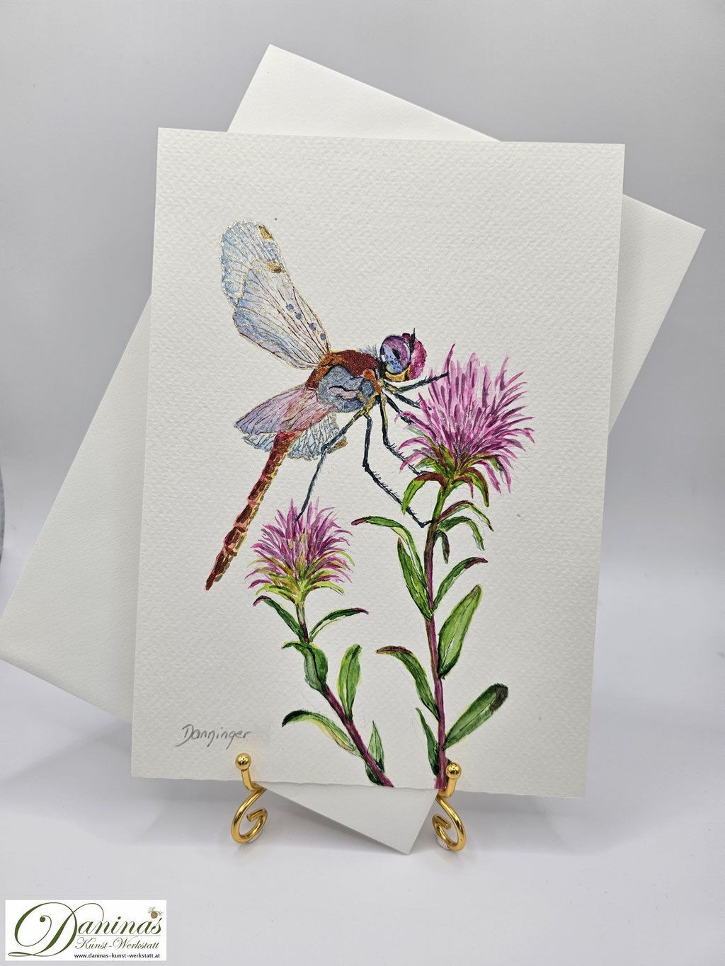 Geburtstagsgrußkarte A5 Aquarell Libelle auf Wiesenblumen