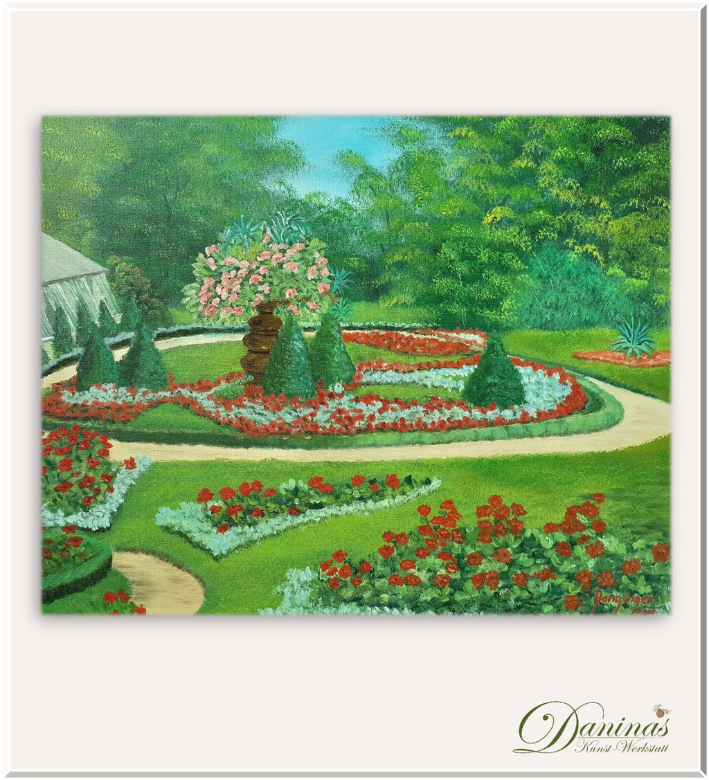 Sommerbilder gemalt: Schlosspark. Gemalte Landschaftsbilder. Ölgemälde auf Leinwand handgemalt.