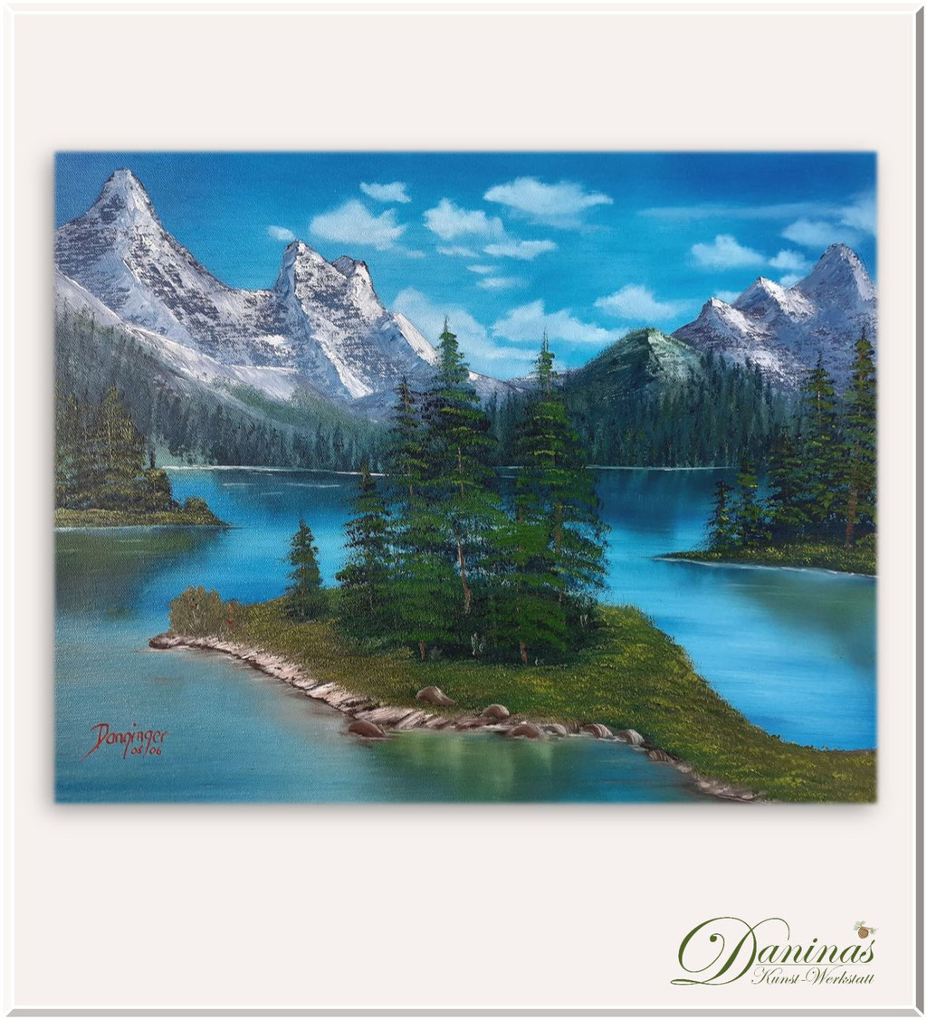 Winterbilder gemalt: Jasper Nationalpark Kanada, Maligne Lake, Spirit Island. Gemalte Landschaftsbilder. Ölgemälde auf Leinwand handgemalt.