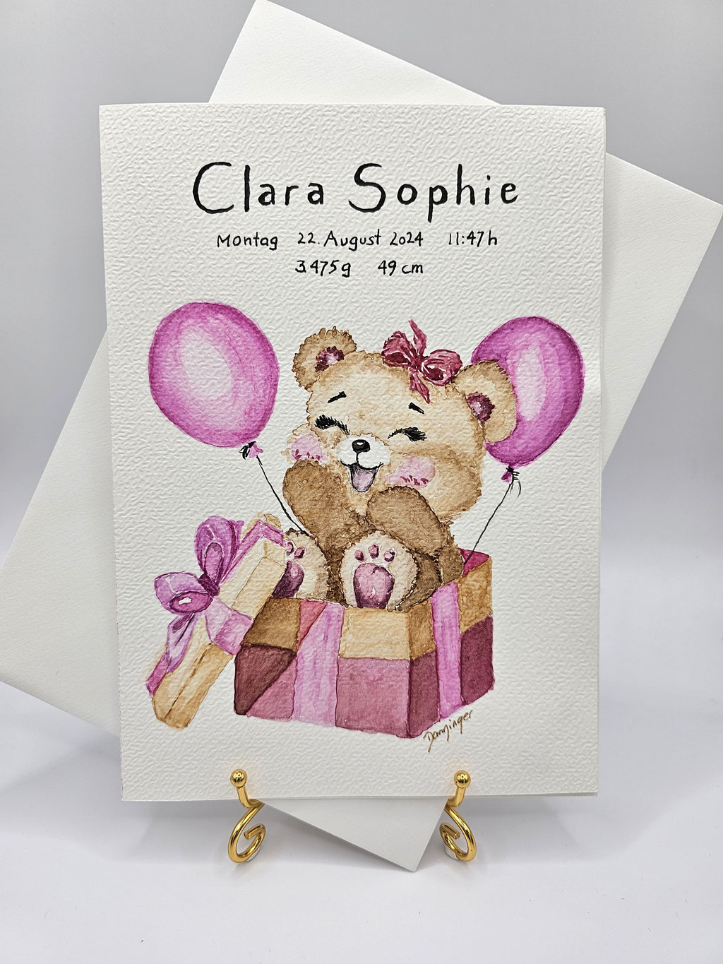 Personalisierte Glückwunschkarte zur Geburt der Tochter Clara Sophie mit Bären in Schachtel mit Luftballons