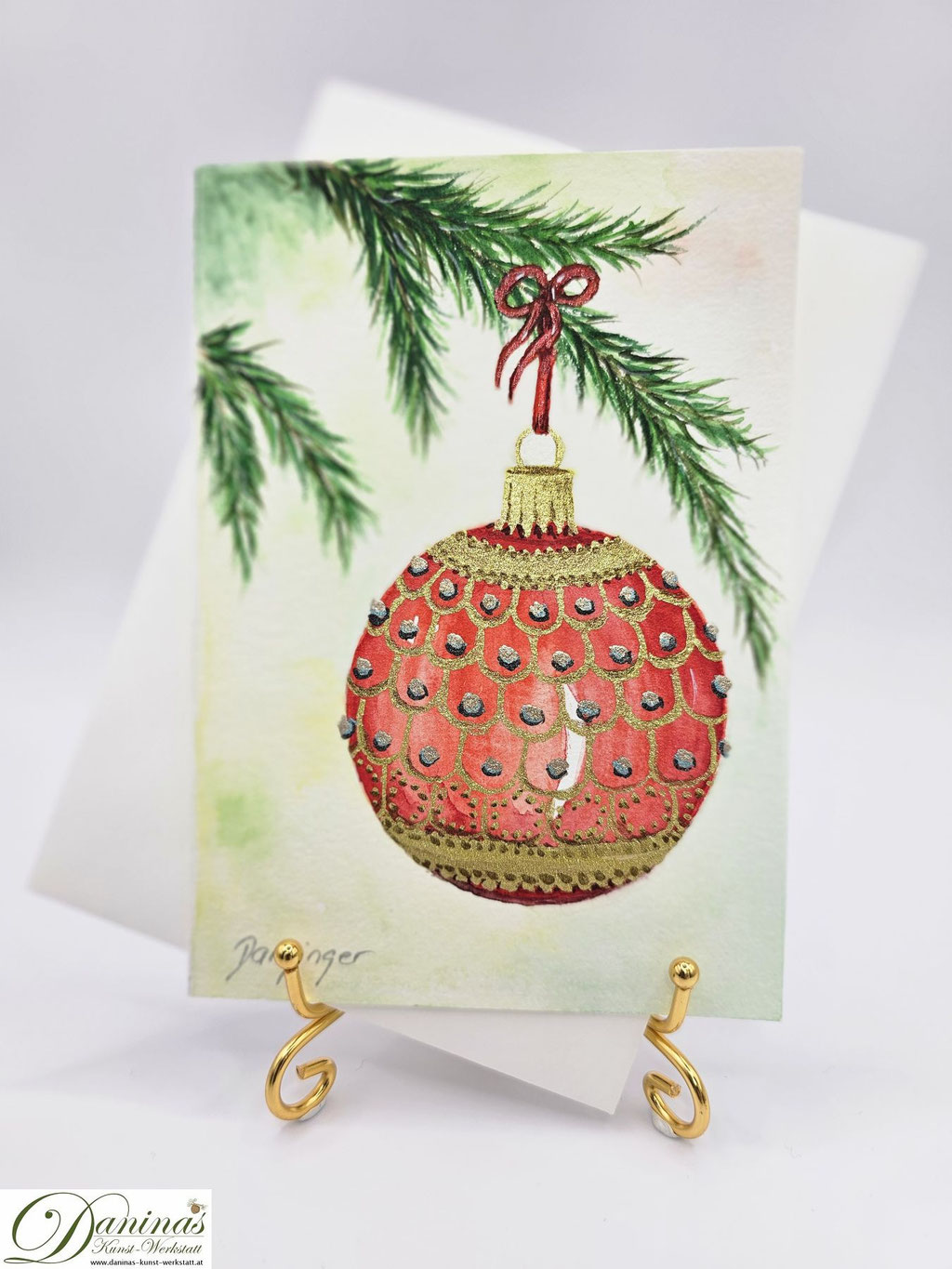 Weihnachtskarte Aquarell Christbaumkugel mit Golddekor