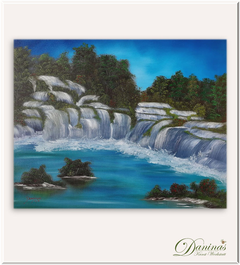 Sommerbilder gemalt: Krka Wasserfälle - Skradinski buk Wasserfall. Gemalte Landschaftsbilder. Ölgemälde auf Leinwand handgemalt.