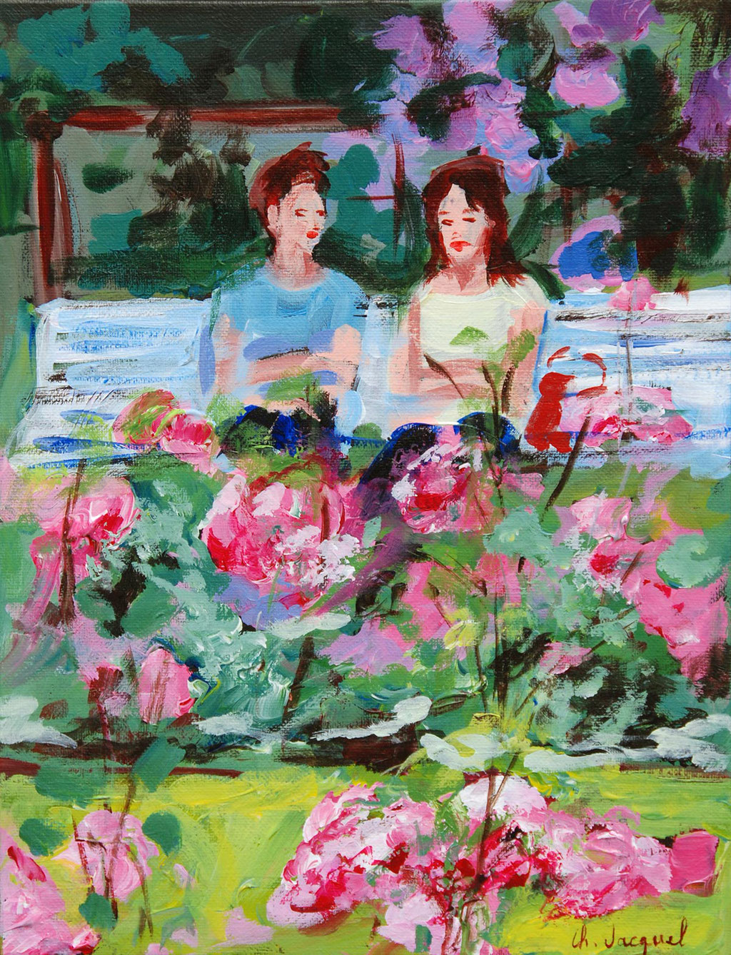 Peinture acrylique de 2 femmes sur un banc à la roseraie 35cm x27cm