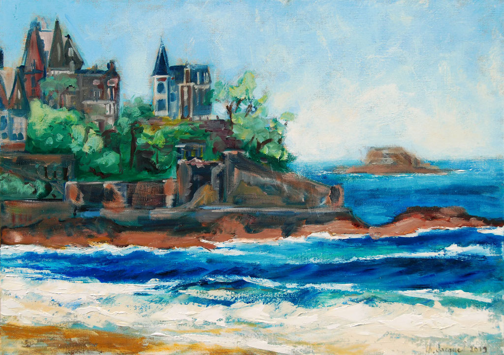 Peinture à l'huile original de la plage de Dinard en France 65cm x 46cm 2019