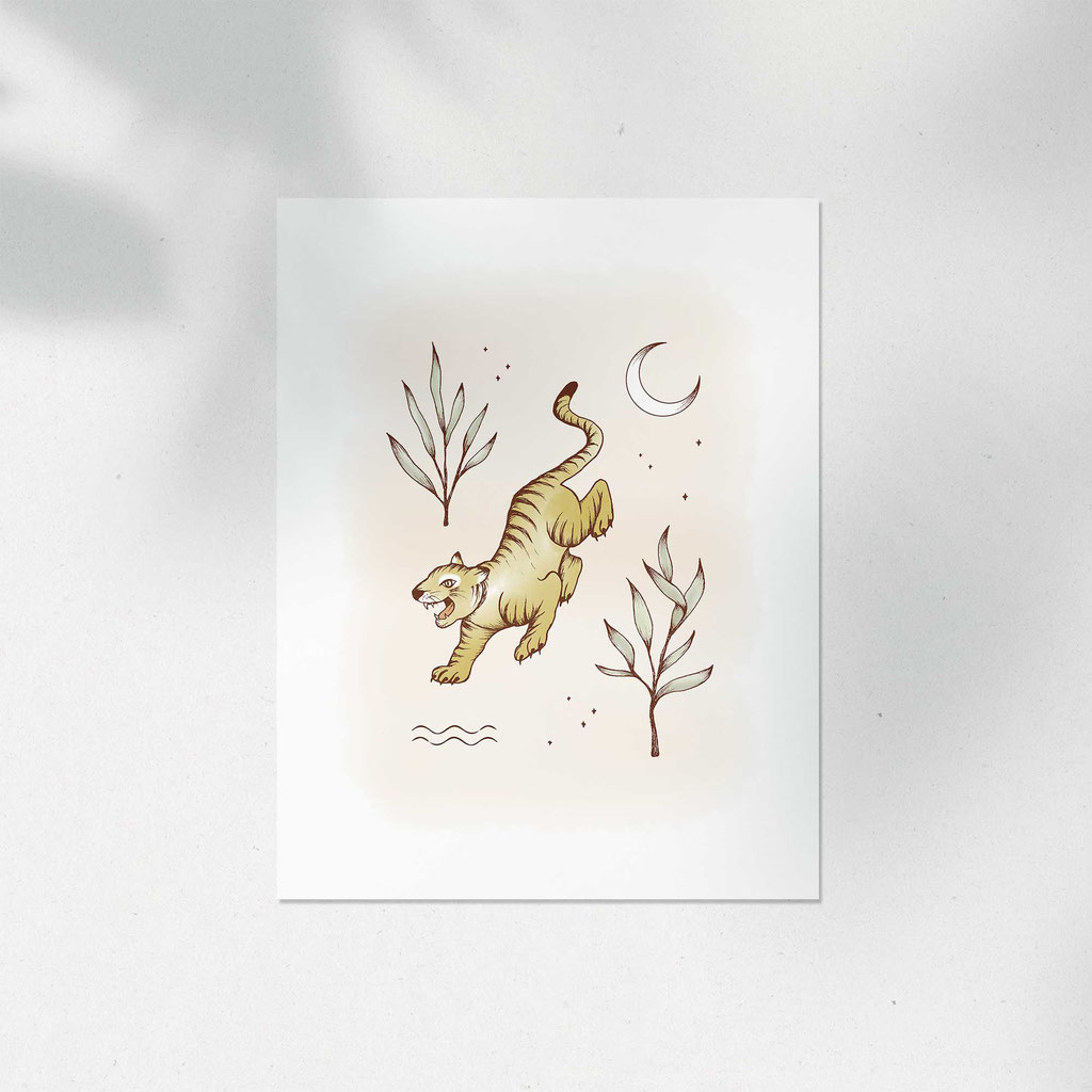 tiger, illustration, fierce, drawing, art print, boho style, moon, nature, leaves, cheetah, animal, inspiring