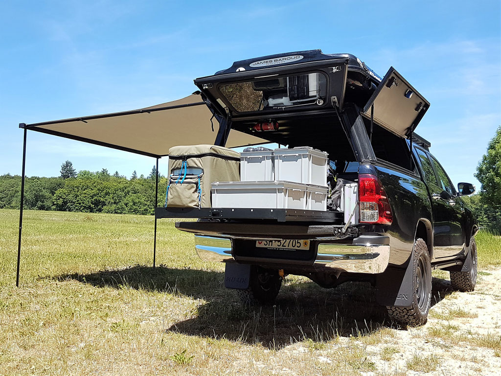Frontrunner Auszug Slide Pick up Toyota Hilux Revo James Baroud Discovery Awining Markise Alucab 2017 #ProjektBlackwolf offroad overland expedition 4x4 AFN Front bumper Steel Stahlstossstange ARB bfgoodrich 265/70R17 TJM Sknorkel wolf78-overland.ch