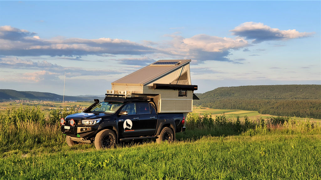 Exkab Defender 130 Wohnkabine Toyota Hilux Pickup camper Revo 2017 2.4 #ProjektBlackwolf truckcamper 4x4 Frontrunner Roofrack offroad Tacoma expedition overland wolf78-overland.ch