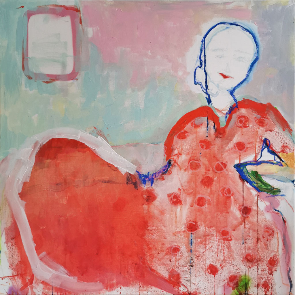 the woman and the window (Acrylic, Pastels on Linen, 80x80cm)