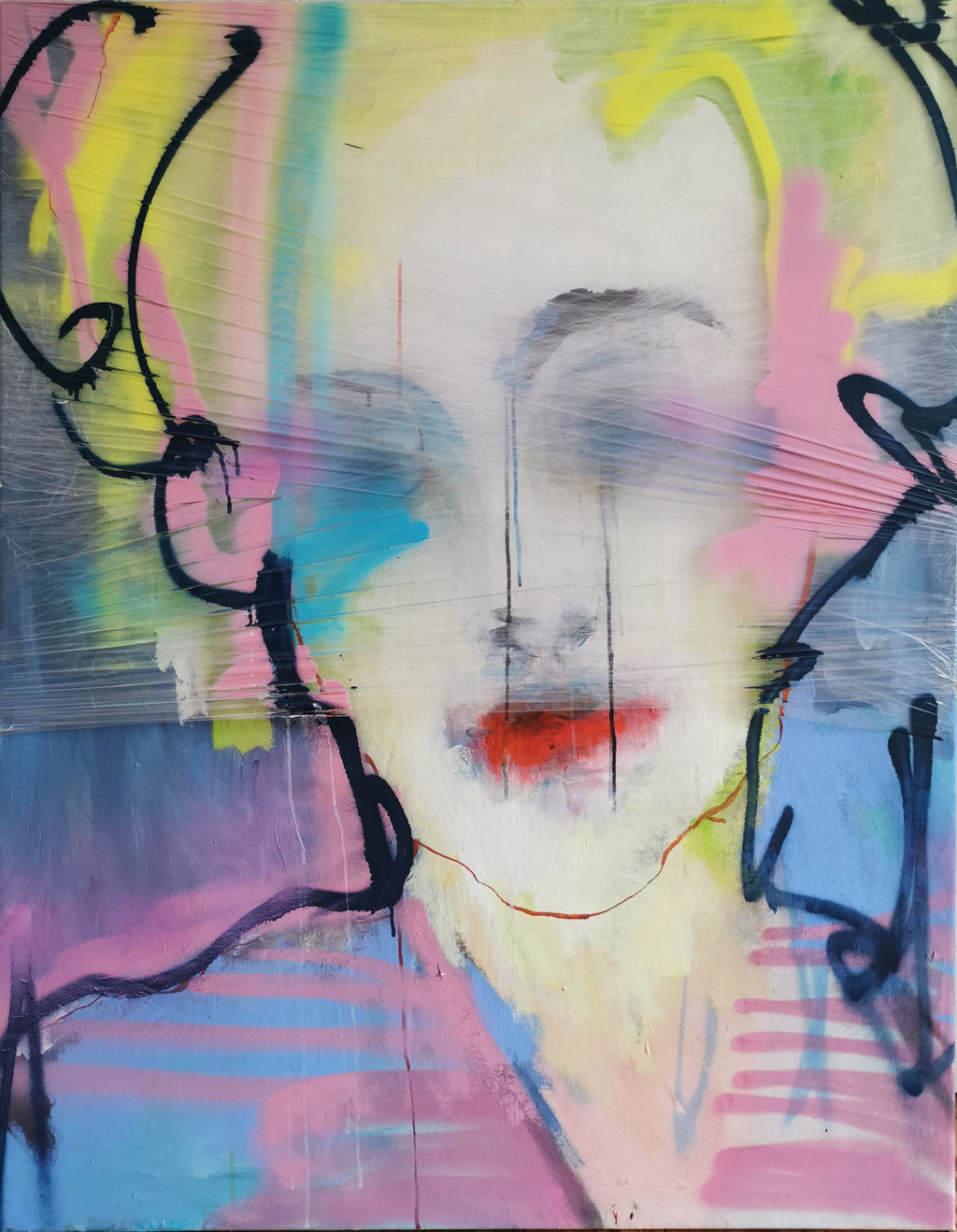 self-portrait (Acrylic, Plastic, Spray Paint, Graphite, Ink, Pastels on Plastic and Canvas, 130x100cm)