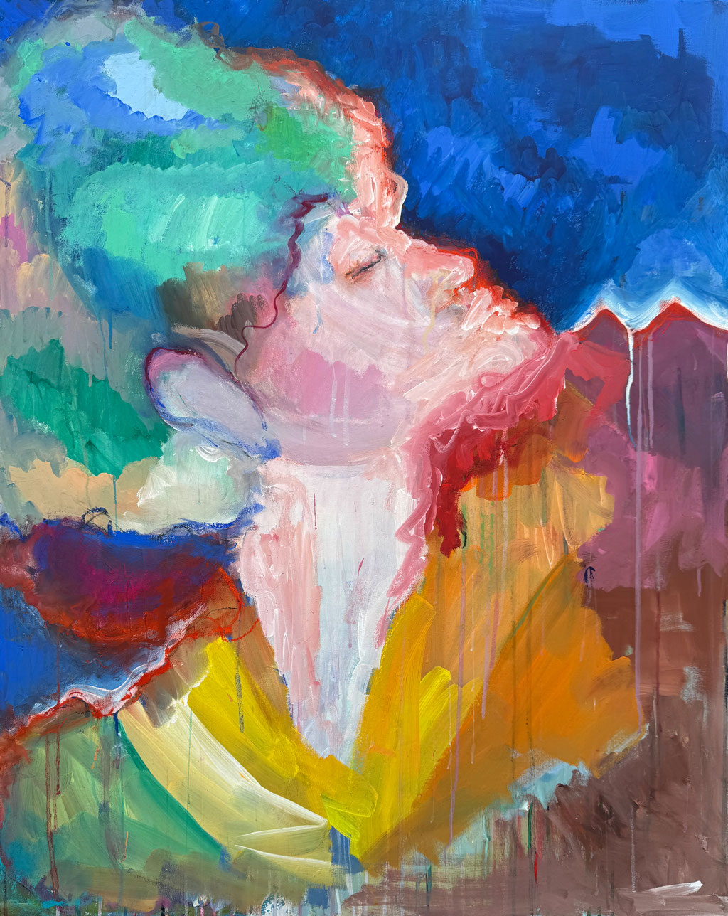Frau in den Bergen (Gouache, Pastels, Ink on Canvas, 120x100cm)