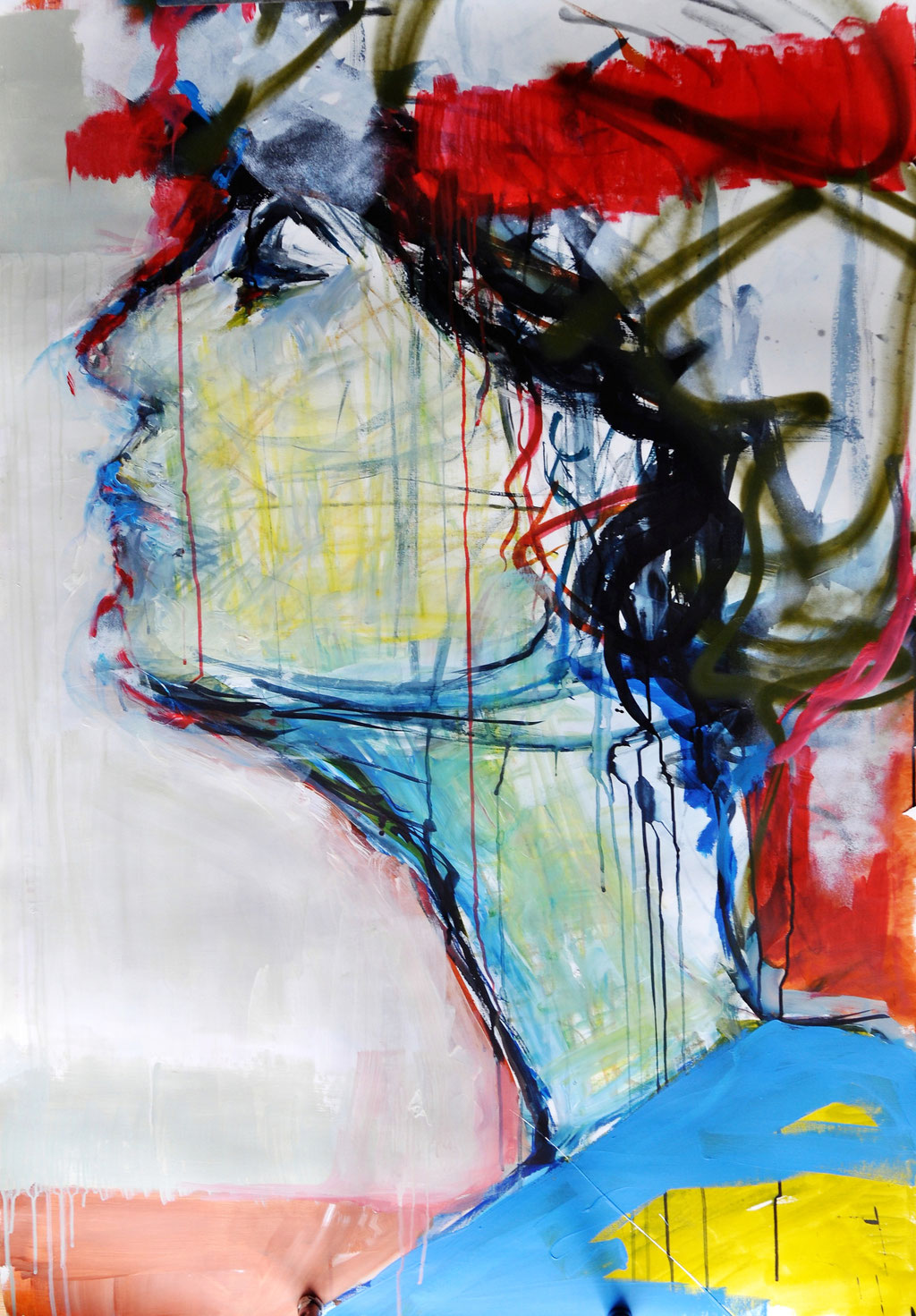 In dictum II (Acrylic, Spray Paint, Ink, Graphite, Oil Pastel, Wax Pastel on Paper, ca. 140x92cm)