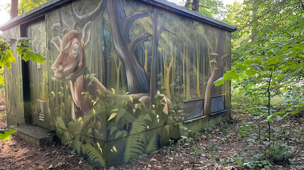 Realistische Fassadenmalerei auf einem großen Trafohaus am Waldrand, das ein Waldpanorama mit Reh und Pilzen zeigt. Professionelle Wandgestaltung zur Integration in die Natur und als Vandalismusschutz von Appolloart, bundesweit verfügbar.