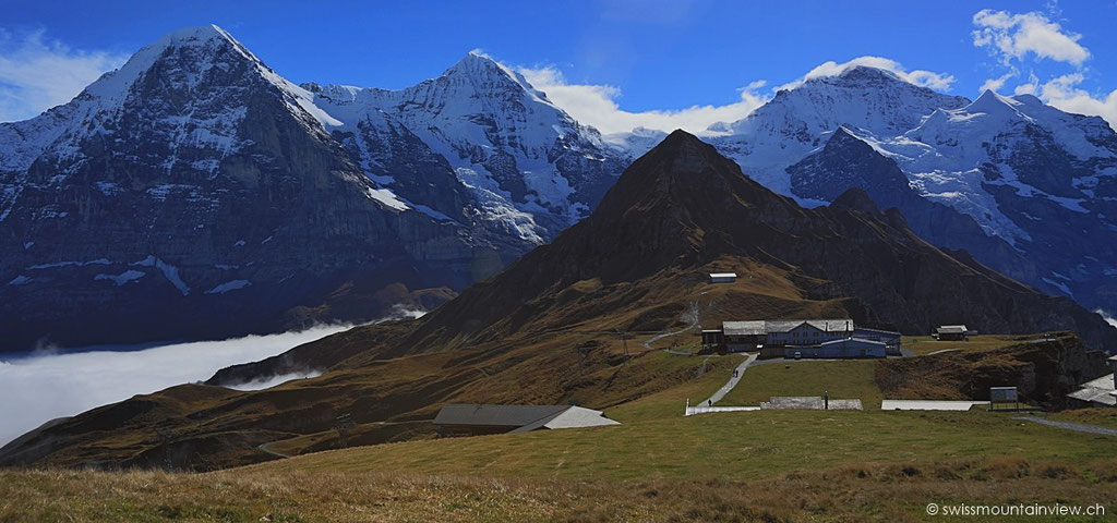 Wir steigen hinauf Richtung Gipfel - Blick zurück Richtung Tschuggen und Eiger, Mönch und Jungfrau.