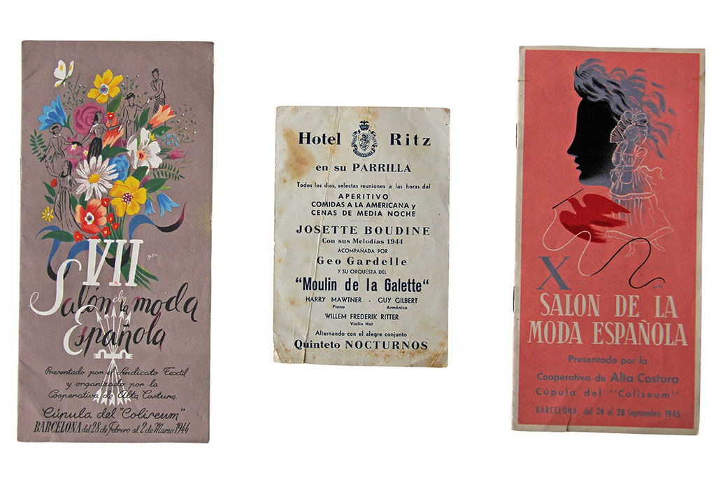 Folletos salón de la Moda Española 1944 y 1945. Tarjetón de invitación con desglose del menú ofrecido en el desfile del VII Salón de la Moda Española (febrero 1944)