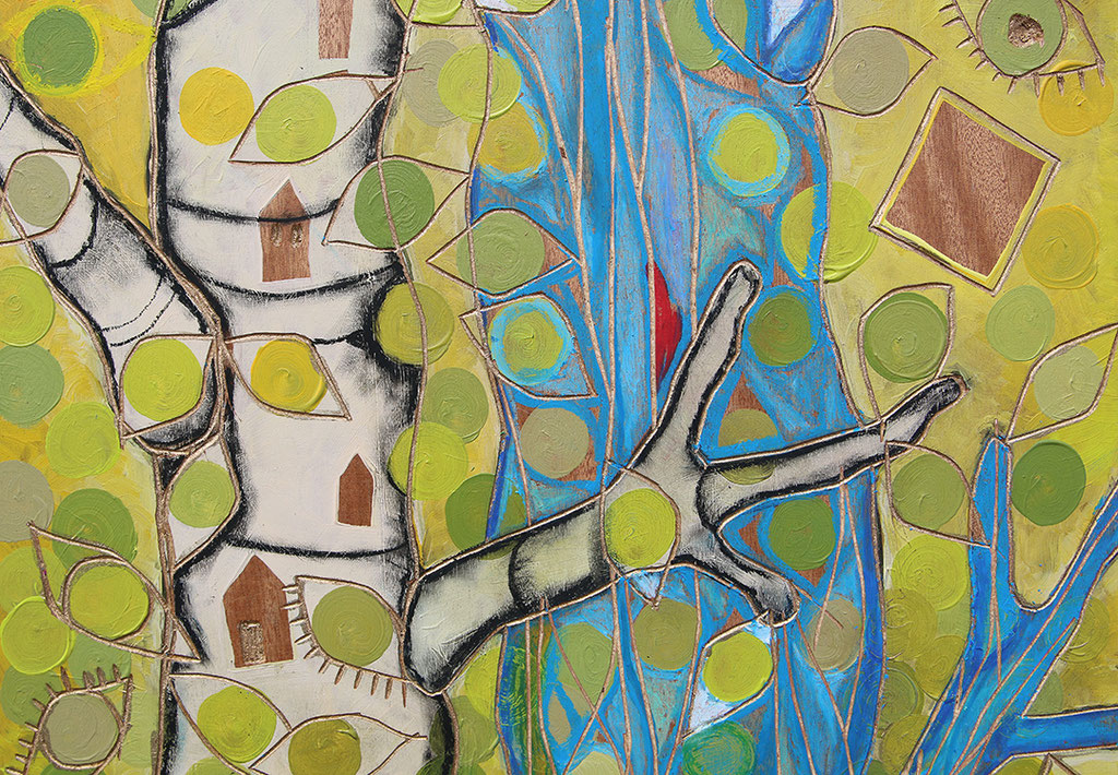 DETAIL aus "SCHWESTERNBÄUME" . 2023. St.Johann 96x46cm Öl & Acryl auf geschnitztem Holz €1233