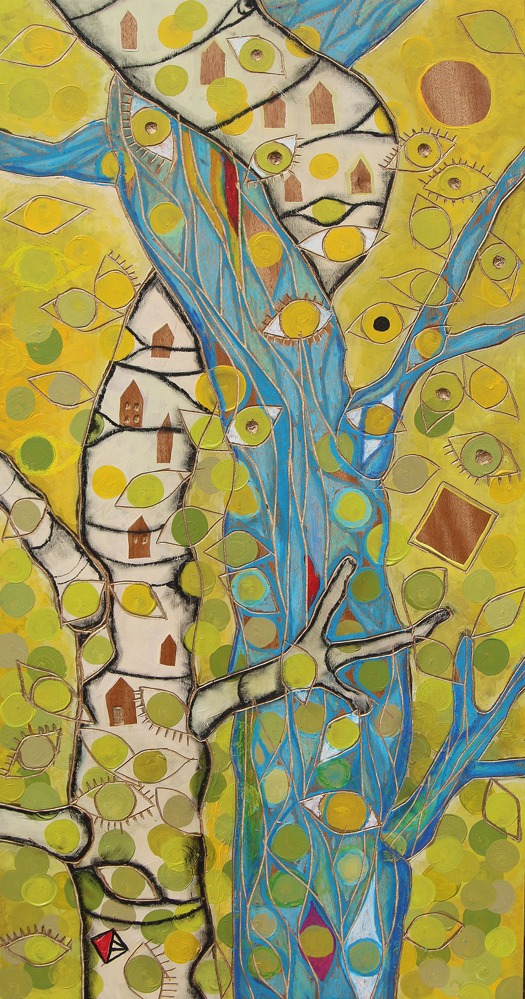 "SCHWESTERNBÄUME" . 2023. St.Johann 96x46cm Öl & Acryl auf geschnitztem Holz €1233