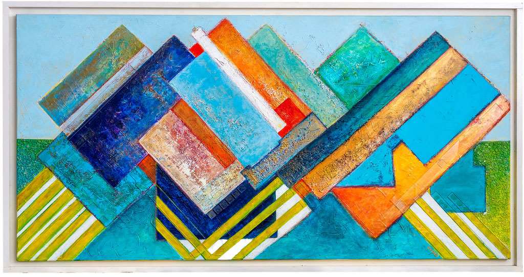 ABSTRACT LANDSCHAP 1.50 x 0.75 Acrylverf met glas in witte lijst