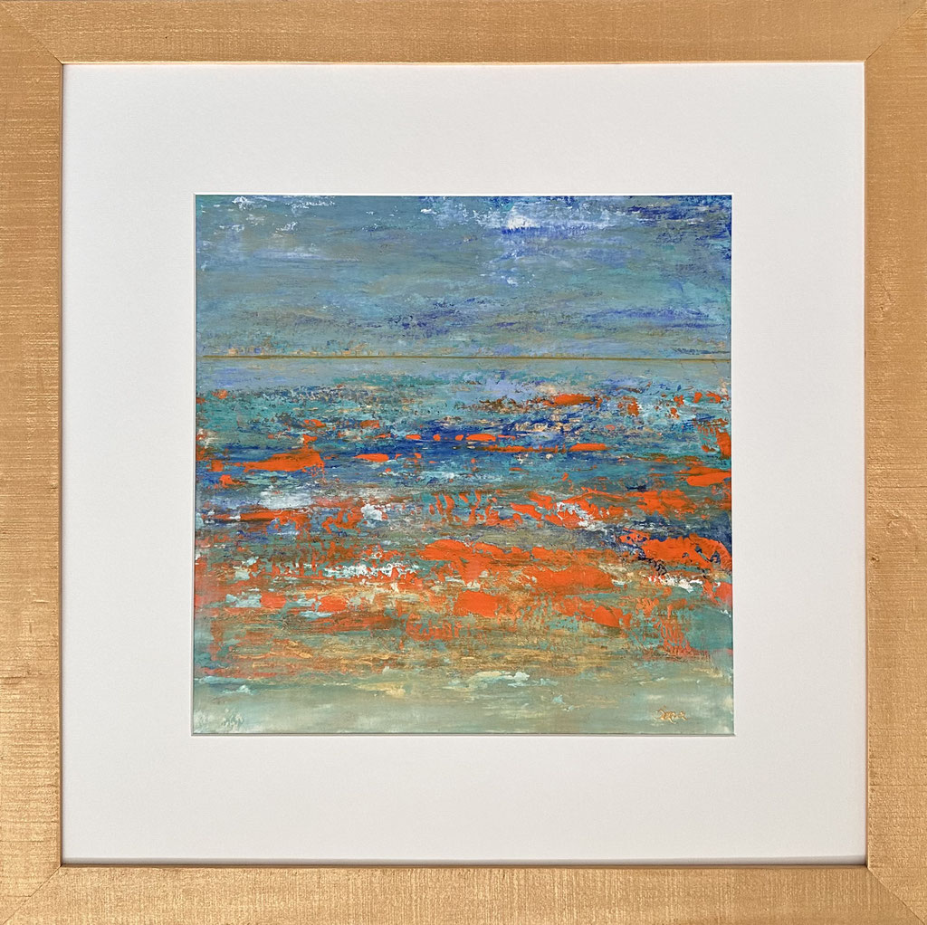 ABSTRACT LANDSCHAP in goudkleurige lijst 0.70 x 0.70 m