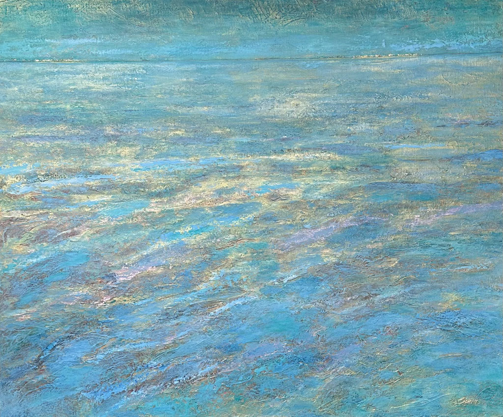 ABSTRACT LANDSCHAP TURKOOIS/GOUD   1.20 x 1.00 m