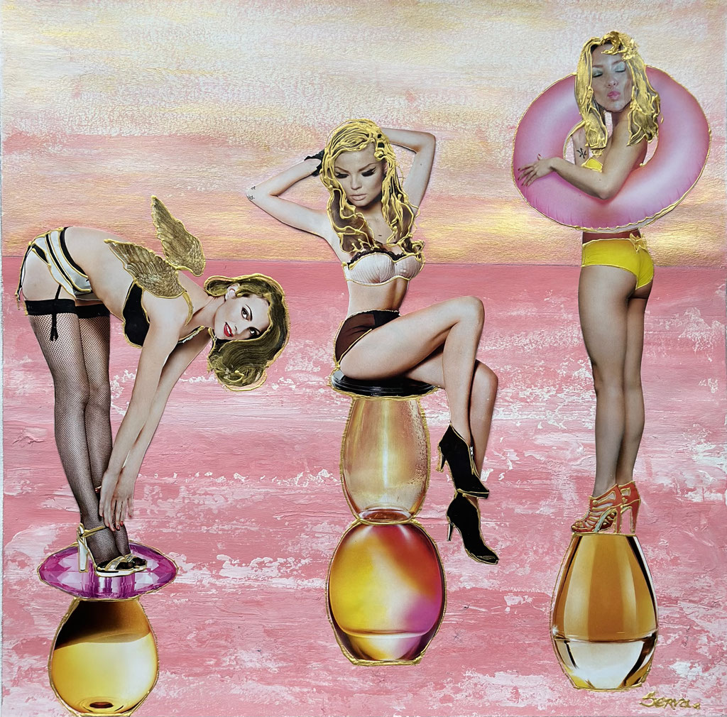 COLLAGE no 15: “PIN UPS”   0.70 x 0.70 m in gouden lijst