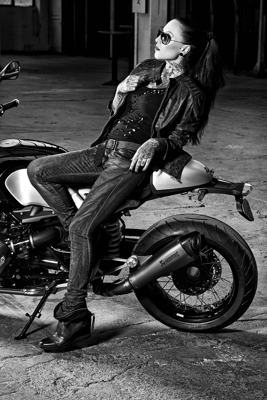 Makani Terror posing with the BMW R nineT