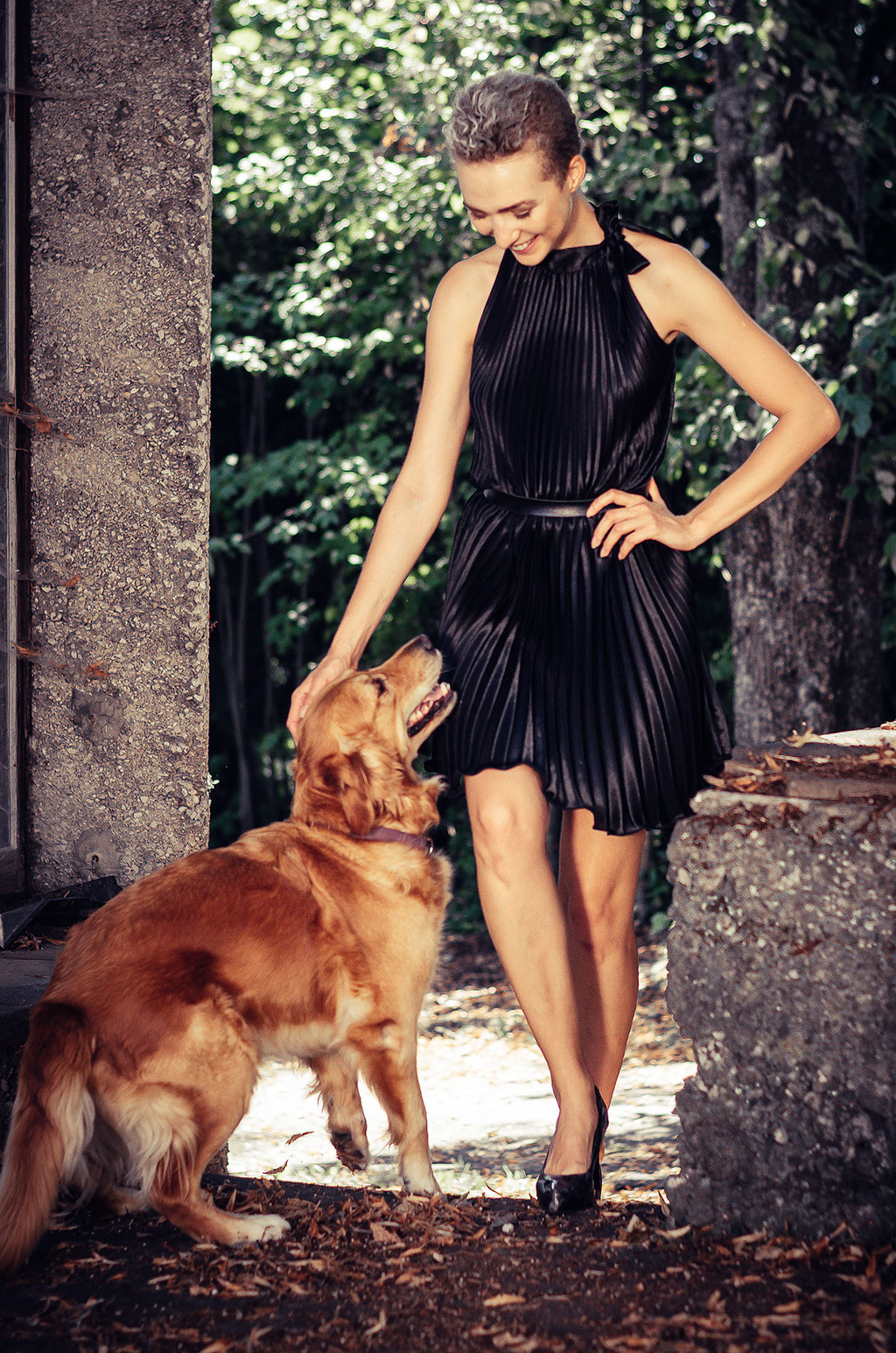 Golden Retriever with a fashion model
