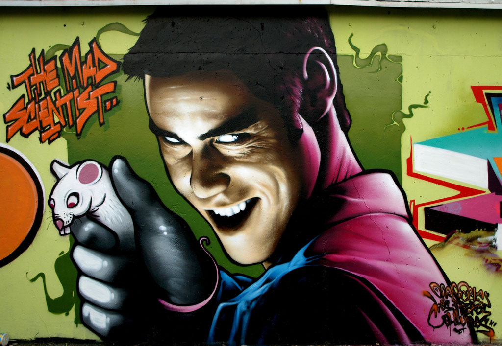 The Mad Scientist (detail) - JEAN ROOBLE - Spraypaint on wall (2 x 2 m) - Mérignac, 2013