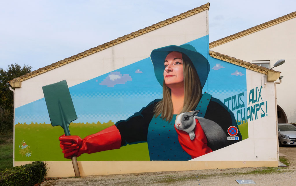 TOUS AUX CHAMPS! - Spraypaint and acrylic on wall - 7 x 12 m - Street'Art'Magnac Festival #6, Noulens (2020)
