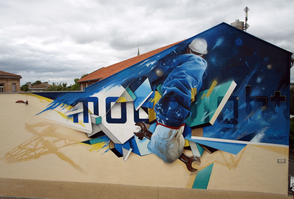 Moonlight - JEAN ROOBLE, KENDO & TRAKT - Acrylic and spray-ain't on wall - 10 x 22 m - HLM #2 project for TRANSFERT collective - Bassens (2017)