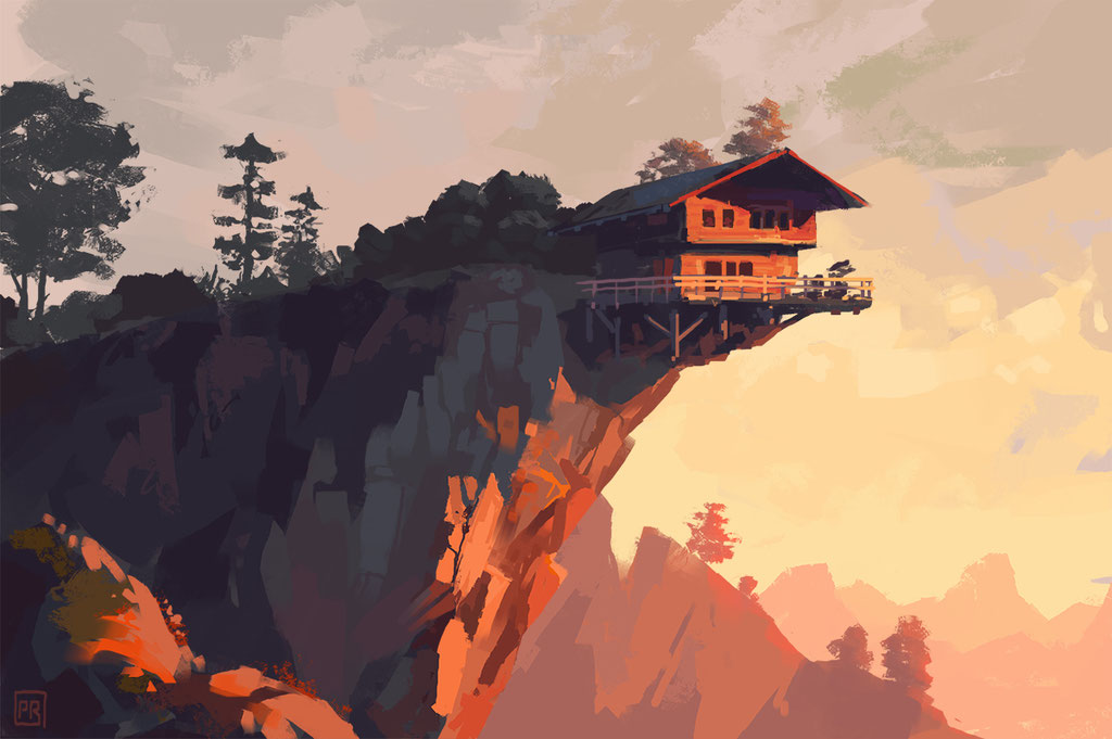 Environment Design – Concept Art von Peter Bartels – Cabin/Hütte mit Terrase auf Felsvorsprung bei stimmungsvollem Sonnenuntergang, warmes Licht