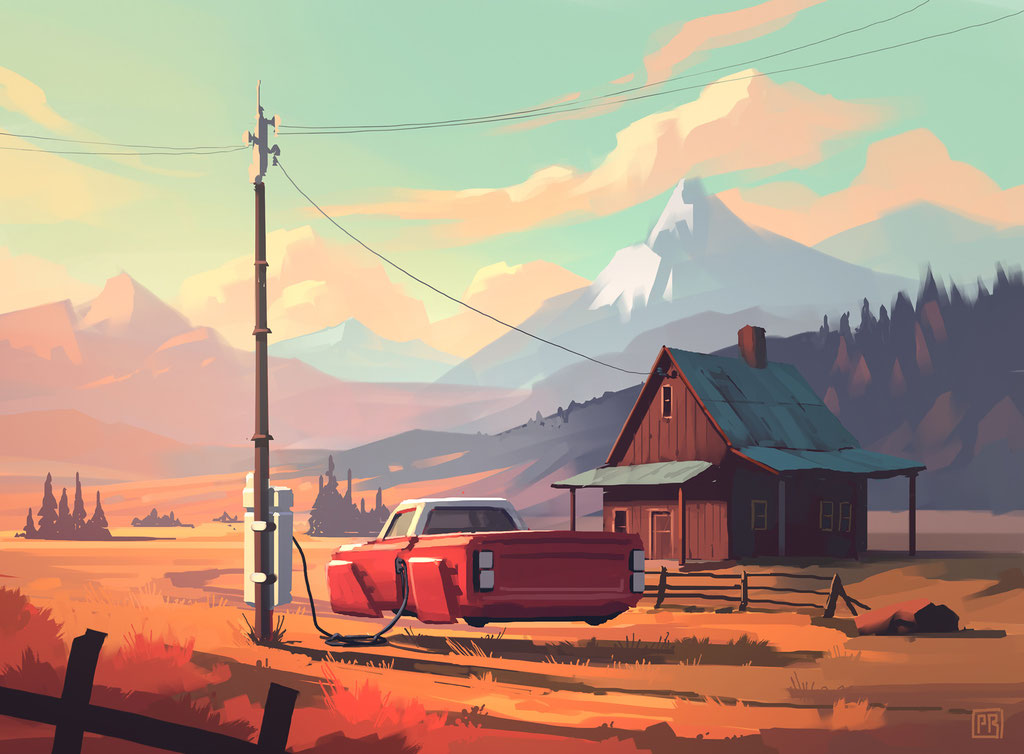 Retro Future Hovercar – Vehicle Concept Art von Peter Bartels – rotes Farmhaus in Montana, Berge im Hintergrund, warme Farben, Retro Future Ford truck Hovercar in rot