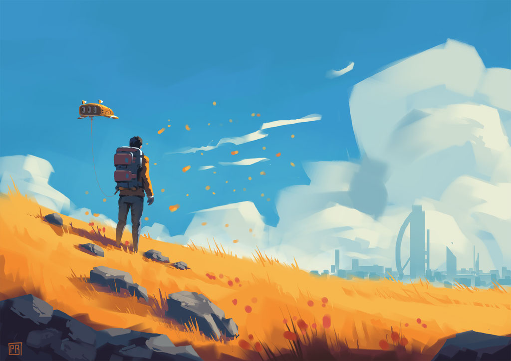 Sci-Fi Environment – Concept Art von Peter Bartels – kräftiges gelbes Feld, Sci-Fi Stadt am Horizont, Wanderer mit begleitender Mini Drohne steht auf gelbem Feld, riesige Wolken und blauer Himmel