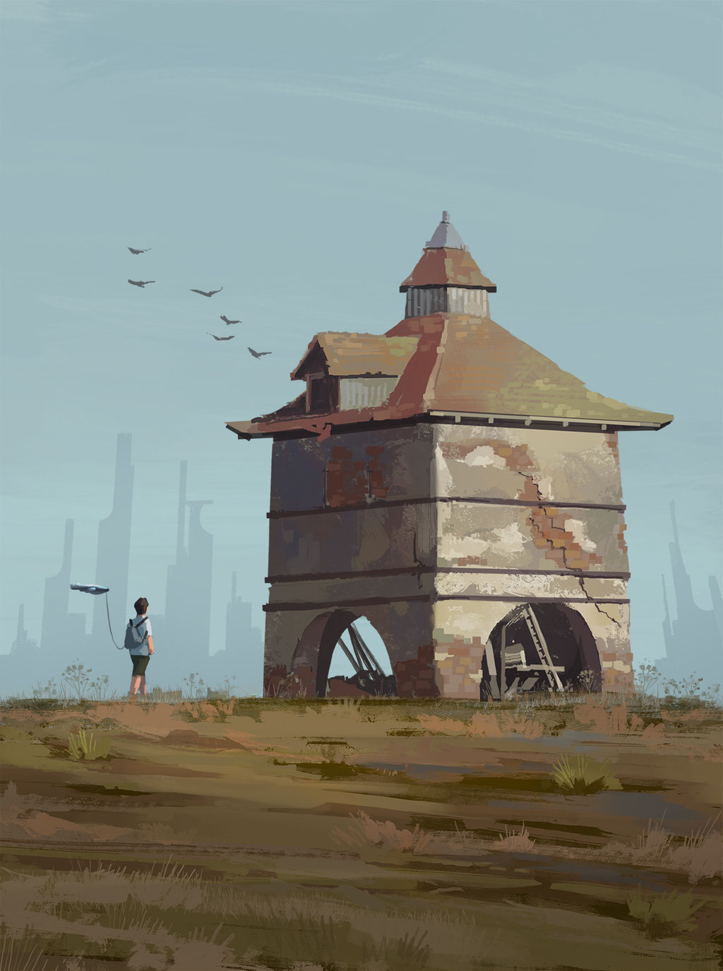 Sci-Fi Environment – Concept Art von Peter Bartels – grüne Wiese und alte Ruine im Vordergrund mit einem Wanderer der von Mini-Drohne begleitet wird, weit weg im Hintergrund eine Sci-Fi Skyline