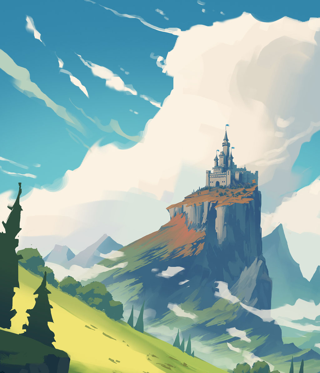 Fantasy Castle – Concept Art von Peter Bartels – verwunschenes Schloß auf riesigem Berg mit Steilwänden, kolossale Wolken im Hintergrund, starke Komposition durch diagonalen Vordergrund, Bergwiese mit Bäumen im Vordergrund