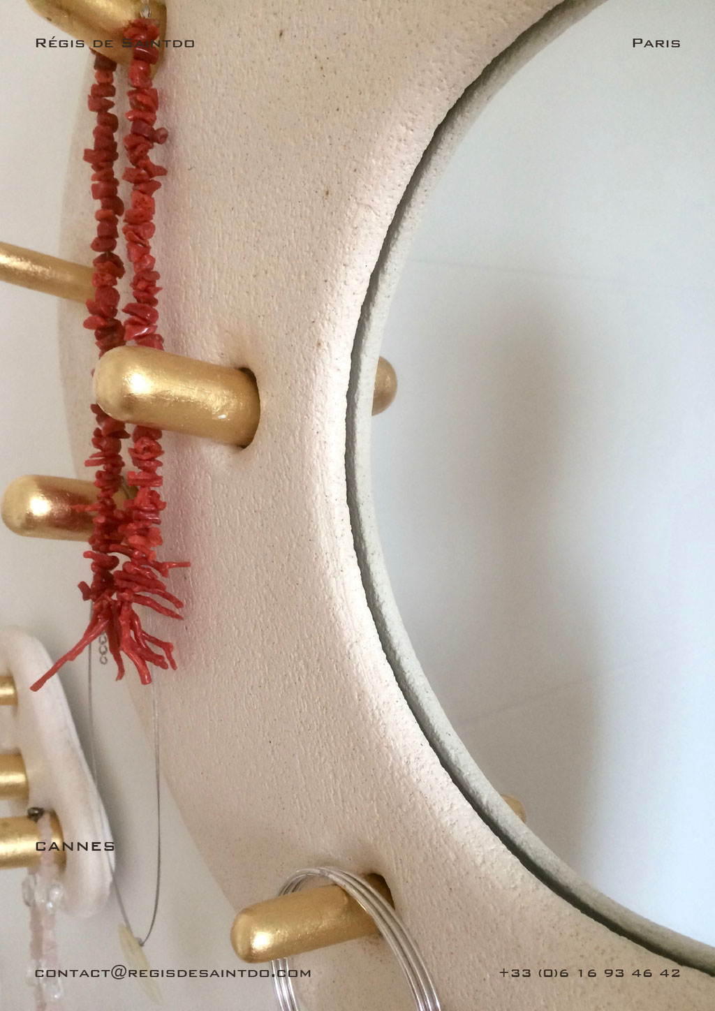Mirror Cannes-White rough ceramic & gilded wood-handmade @Régis de Saintdo