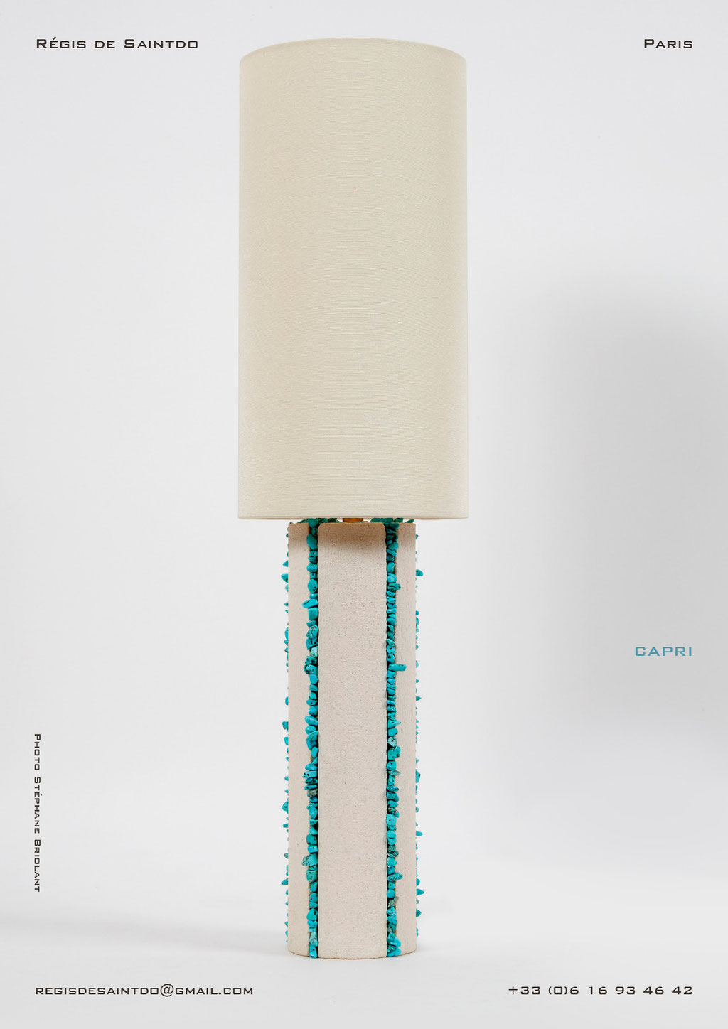 Lamp-Capri-white textured ceramic-turquoises-handmade @Régis de Saintdo