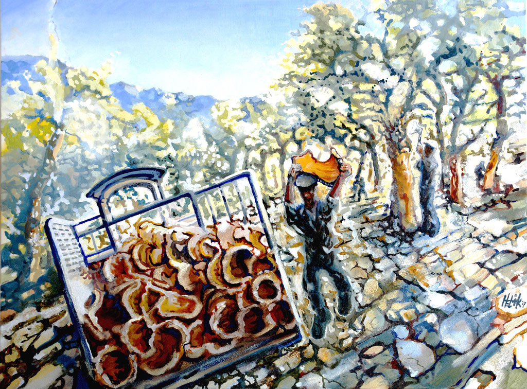 A Colheta da Cortiça - oleo com areia na tela - 60 x 80 cm