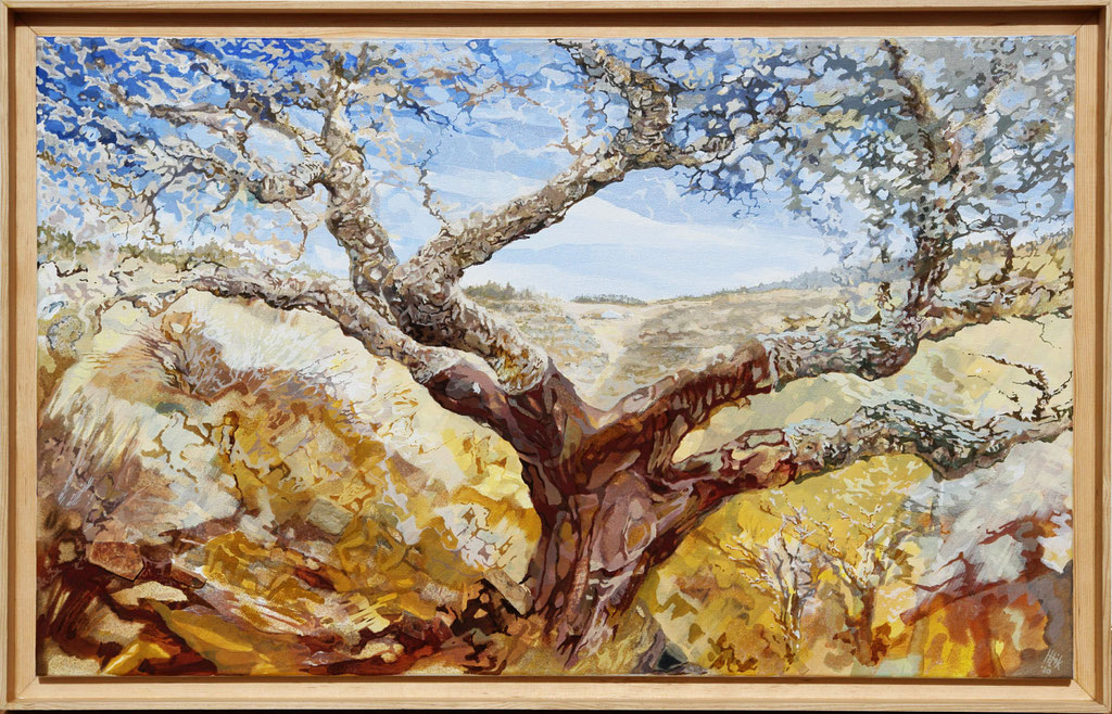 Sobreiro velho 2 em paisagem Alentejano - oleo com areia e xisto na tela - 100 x 50 cm
